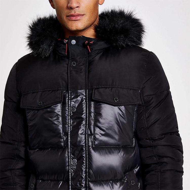 Men's Winter Wear Long Windbreaker Jacket Side Pockets Faux Fur Hood Slim Fit Zip-Up Puffer Jacket