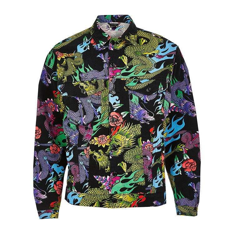 Hot Sale Custom Jacket Men Dragon Pattern Printing Patch Pockets Buttons Front High Quality Mens Bomber Jacket