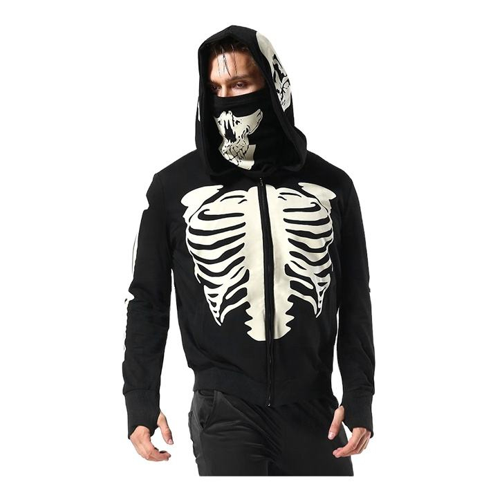 Custom Logo Printing Black Zip Up Face Masked Hoodie For Men Hoodie With Masked Cosplay Hoodie