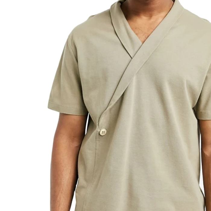 Camiseta masculina de algodão simples personalizada manga curta em branco envoltório frontal com decote em V