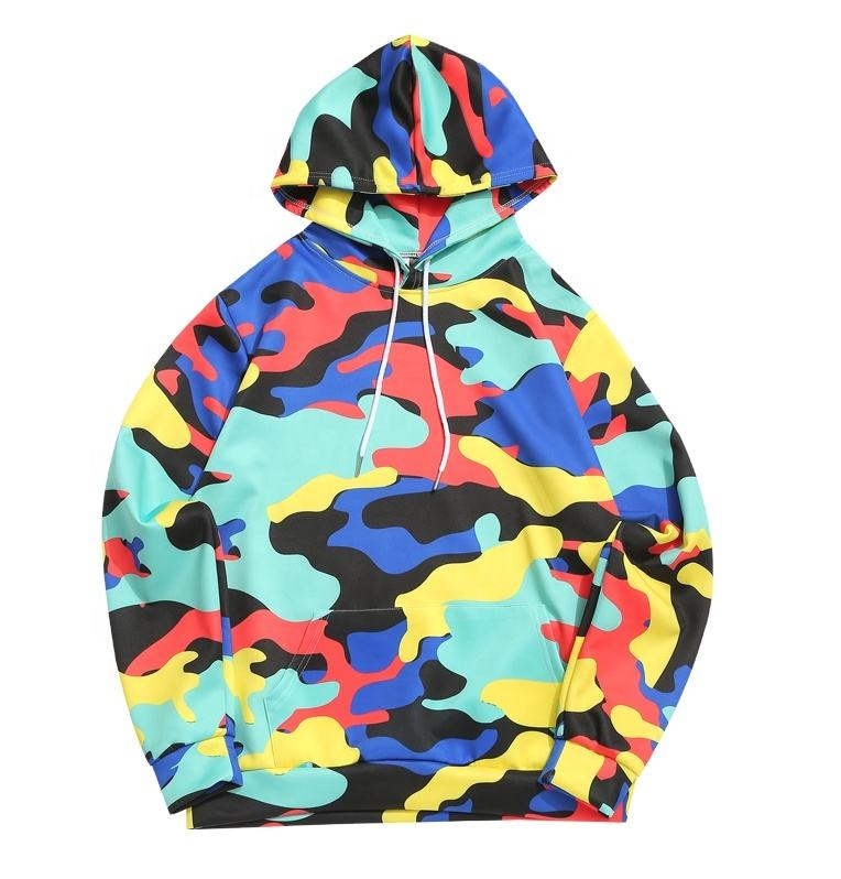 Custom Colorful Camouflage Print Kangaroo Pocket Casual Mens Hoodies Sweatshirts
