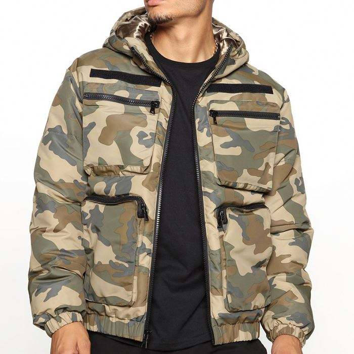 Heavyweight Thick Men Winter Jackets Camo Printed Utility Pockets Mens Satin Lined Hooded Plus Size Jackets
