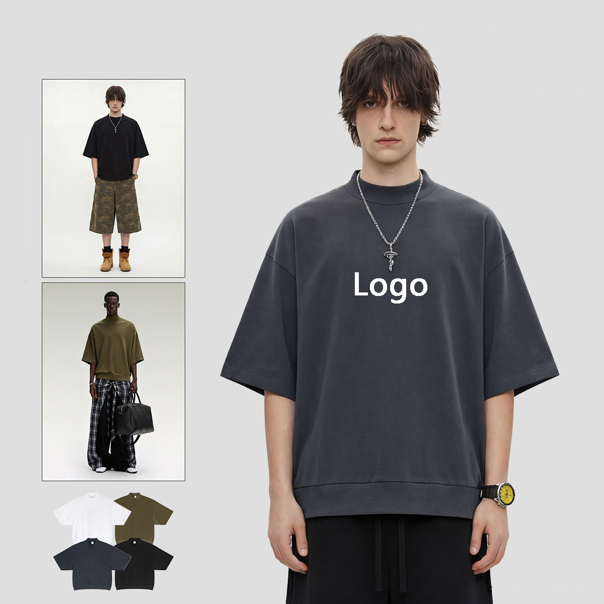 K1130 Boxy Half Height Collar Extended Hem T-shirt