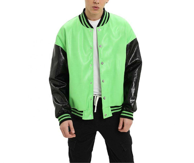 Oem Manufacturer Custom Men's Color Block Faux Leather Bomber Baseball Jacket
