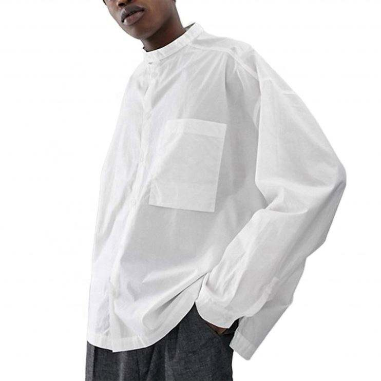 OEM Manufacturer Stand Collar Plus Size 100% Cotton Casual White Color Plain Long Sleeve Oversized Shirts For Men