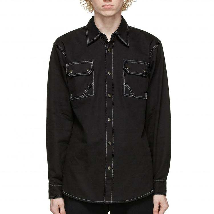 OEM Manufacturer Custom High Quality Long Sleeve Contrast Stitching Black Denim Shirt For Men