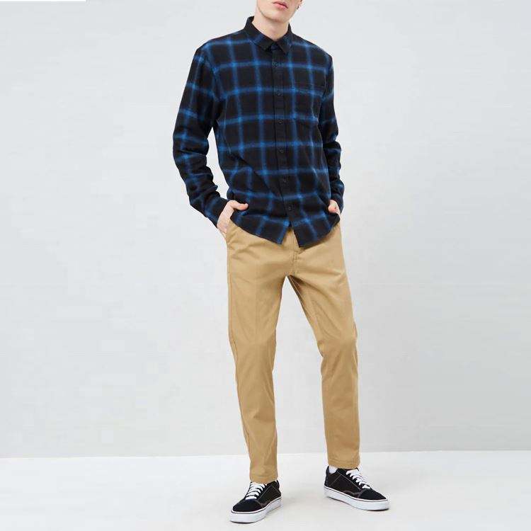 Camisa de franela a cuadros con botones de manga larga negra y azul informal de moda para hombres del fabricante OEM