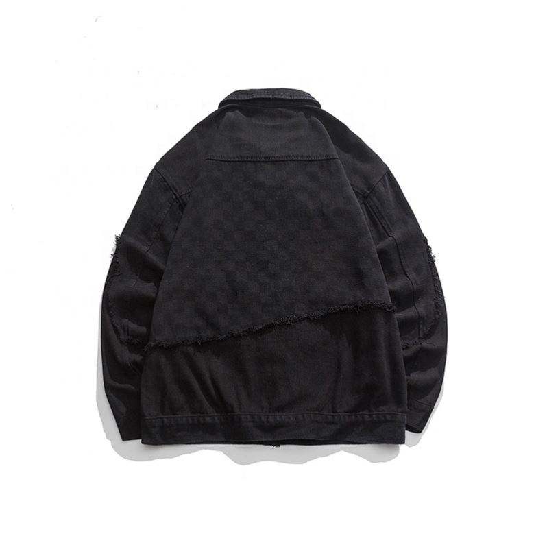 OEM Manufacturer New Custom Logo Patchwork Denim Plaid Lapel Vintage Casual Top Jacket