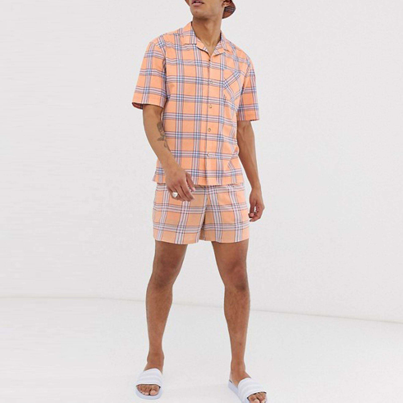 Fabricante de OEM Camisa de verão e shorts definidos para homens xadrez de manga curta