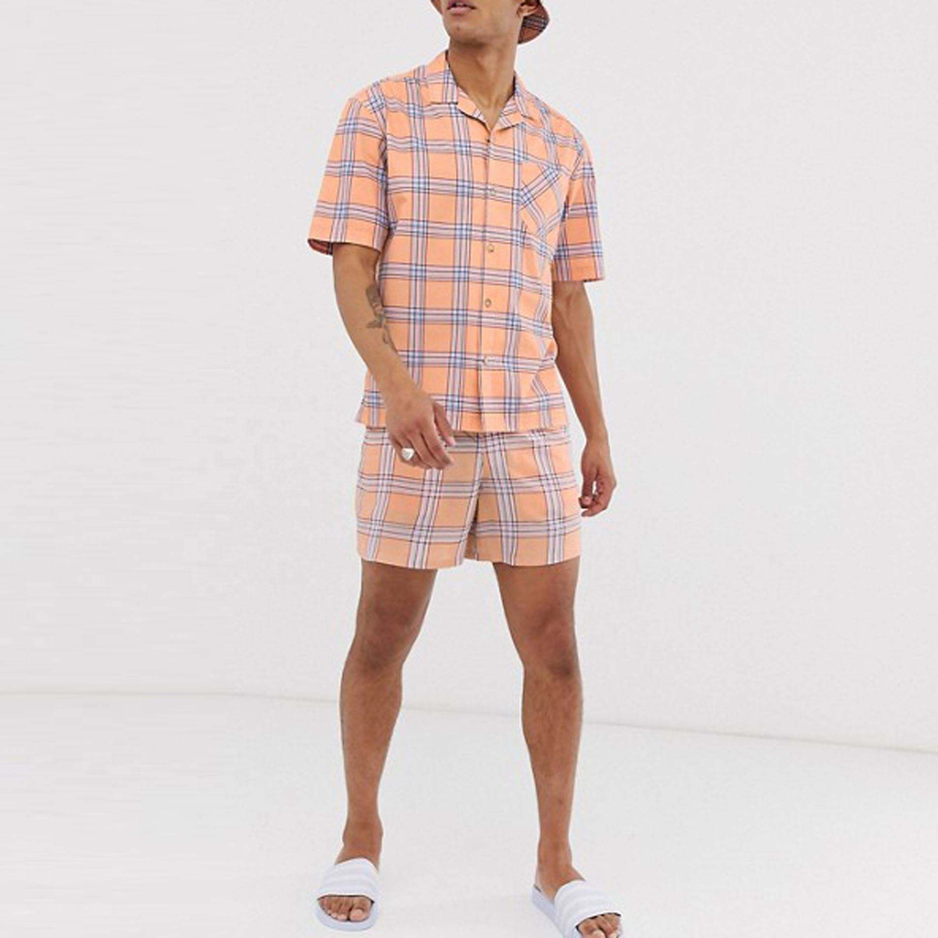 OEM Manufacturer Summer Shirt And Shorts Set For Men Plaid Short Sleeve Button Down Shirts