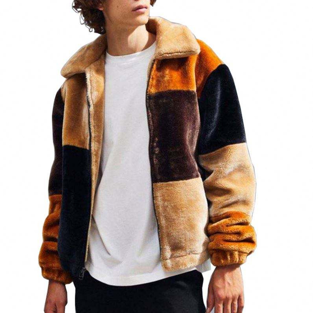 Oem Manufacturer Custom Men High Quality Zipper Long Sleeve Turn-Down Collar Multicolor Patchwork Velvet Jacket