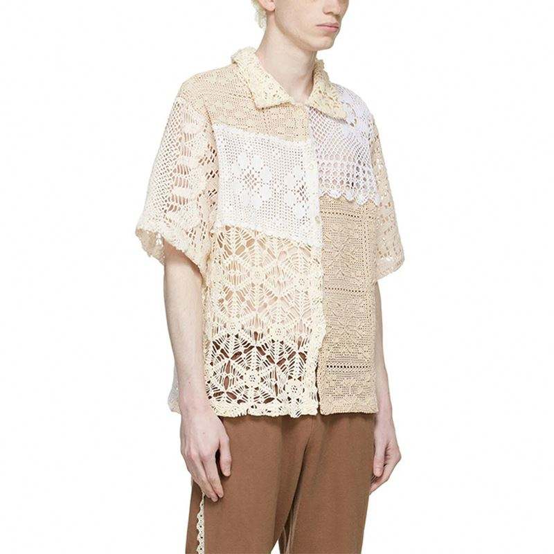 OEM Manufacturer Custom Summer Blouse Fashion Beige Short Sleeve Square Collar Hollow Out Crocheted Cotton Shirt For Men
