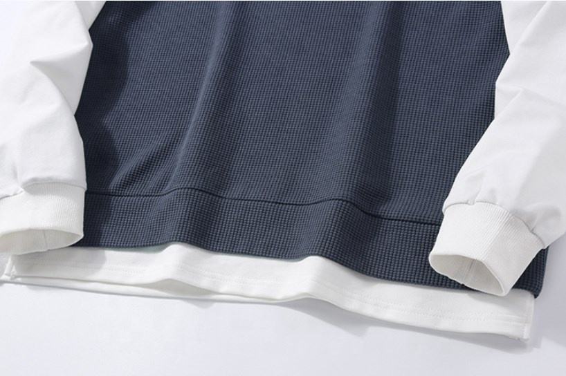 OEM メーカーのメンズ カジュアル ソリッド カラー パーカー偽 2 枚のパッチワーク長袖服