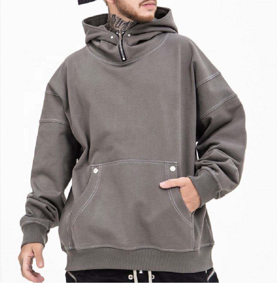 OEM Manufacturer Custom Vintage Wash Cotton Zip Hood Oversized Plain Hoodie With Contrast Stitching For Men