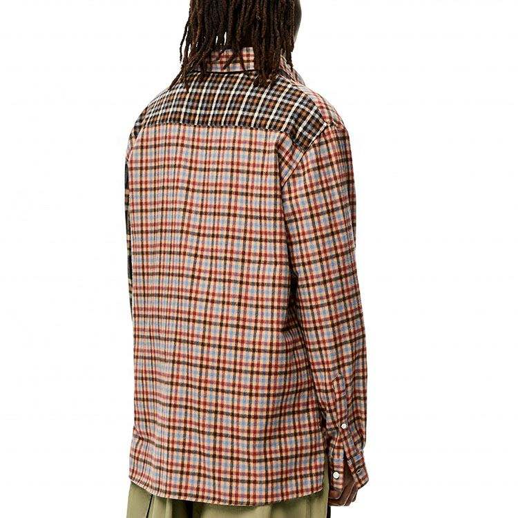 OEM Manufacturer Custom Long Sleeve Men's Two Tone Color Block Plaid Checked Vintage Flannel Shirt
