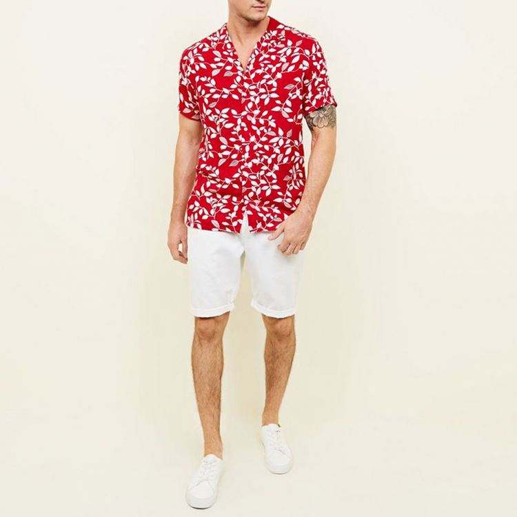 OEM Manufacturer Casual Hawaiian Red Leaf Print Short Sleeve Men Shirt