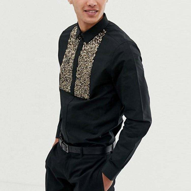 OEM Manufacturer Sublimation Custom Shirts Contrast Sequins Black Men Long Sleeve Shirt