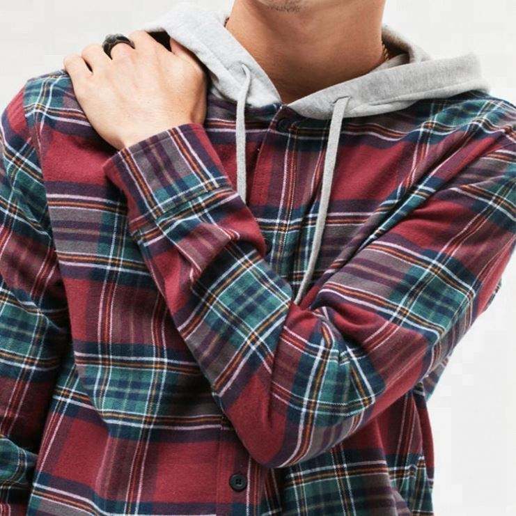 OEM Manufacturer Red Plaid Flannel Hooded Shirt Men