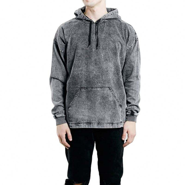 OEM Manufacturer Oversize Acid Wash Black Denim Hoodie Men Customized Plain Heavyweight Cotton Pocket Custom Hoodie