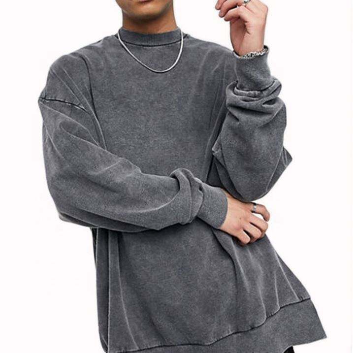 OEM Manufacturer Custom Grey Mens Acid Washed High Neck Sweatshirt Oversized Cotton Vintage Washed Sweatshirt Pullover