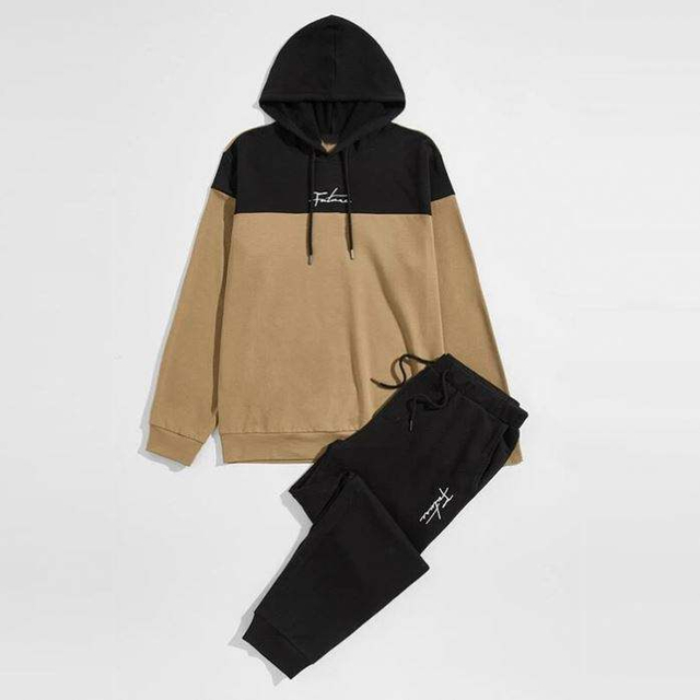 Oem Custom Logo Men's Sports Wear Color Block Hoodie Black Jogger Sets Men Two Piece Matching Tracksuits