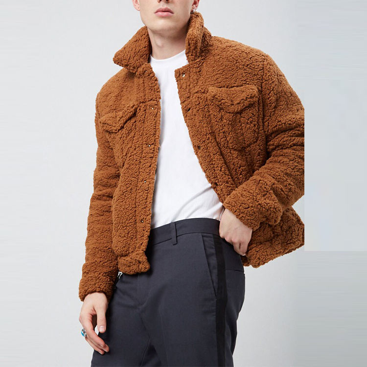 Design de logotipo personalizado venda imperdível jaqueta masculina de alta qualidade decorada com botão de pressão cáqui falso shearling