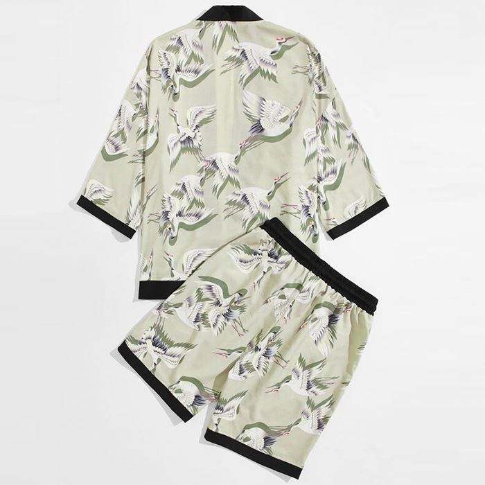 Summer Fashion Shorts Set Mens Crane Print Contrast Binding Kimono Shorts Set Men Two Piece Shorts Set
