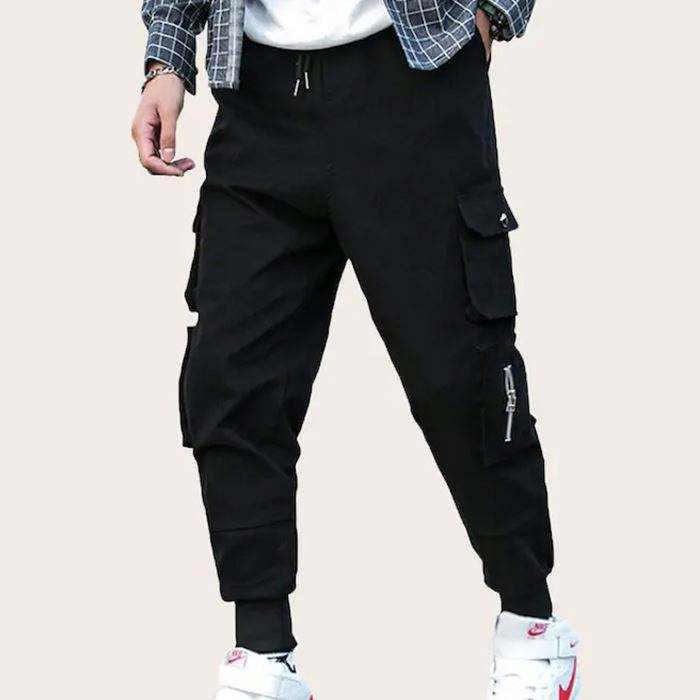 Custom Streetwear Black Zipper Drawstring Waist Mens Cargo Pants