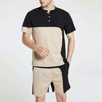 Custom Color Block Men Tracksuit Set Short Sleeve Tee & Drawstring Waist Shorts Sets
