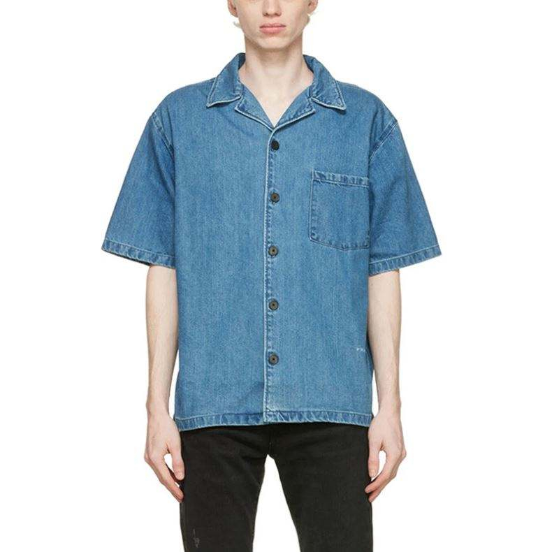 OEM Manufacturer Summer Blouse High Quality Short Sleeve Button Square Collar Classic Blue Men Denim Shirt