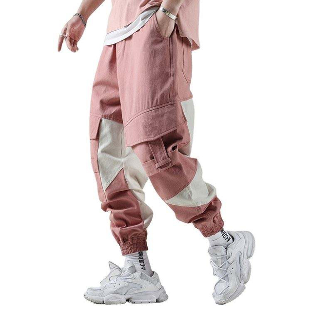 OEM Manufacturer Casual Good Quality Cotton Blank Color Block Mens Baggy Tapered Cargo Track Pants With Side Pockets