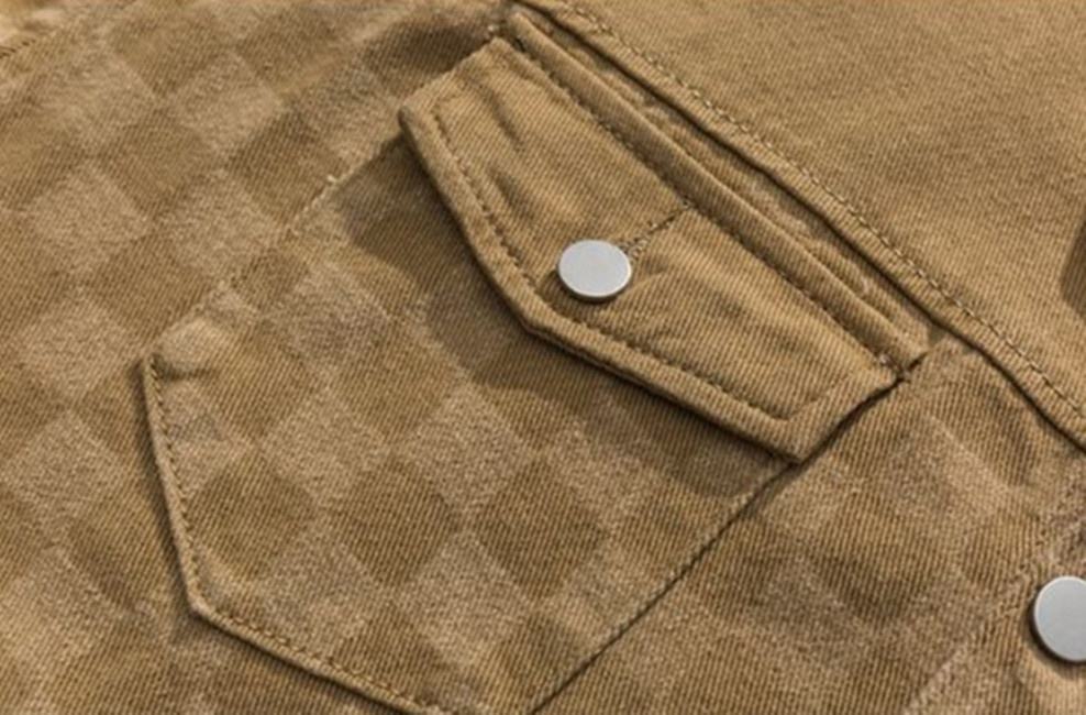 OEM Manufacturer New Custom Logo Patchwork Denim Plaid Lapel Vintage Casual Top Jacket