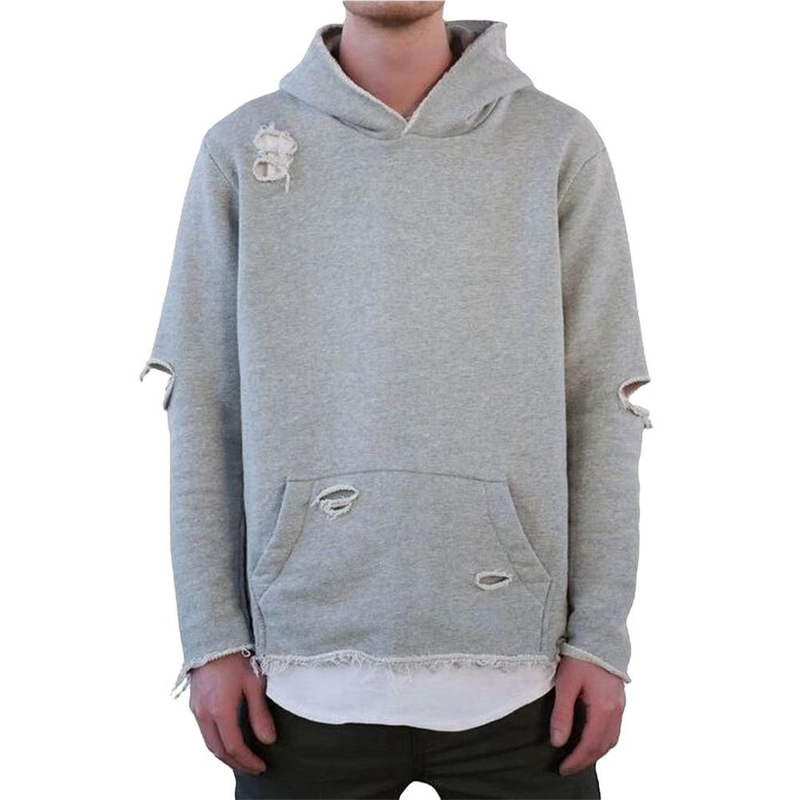 New Style Wholesale Destroy Fray Cut Hem Men Hoodies In Heather Grey