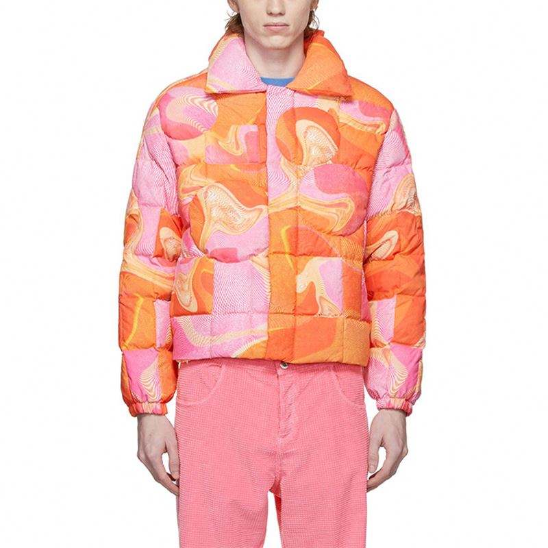 Oem Manufacturer Custom Winter Men Down High Quality Warmth Single Jersey Long Sleeve Pink Graphic Print Puffer Jacket