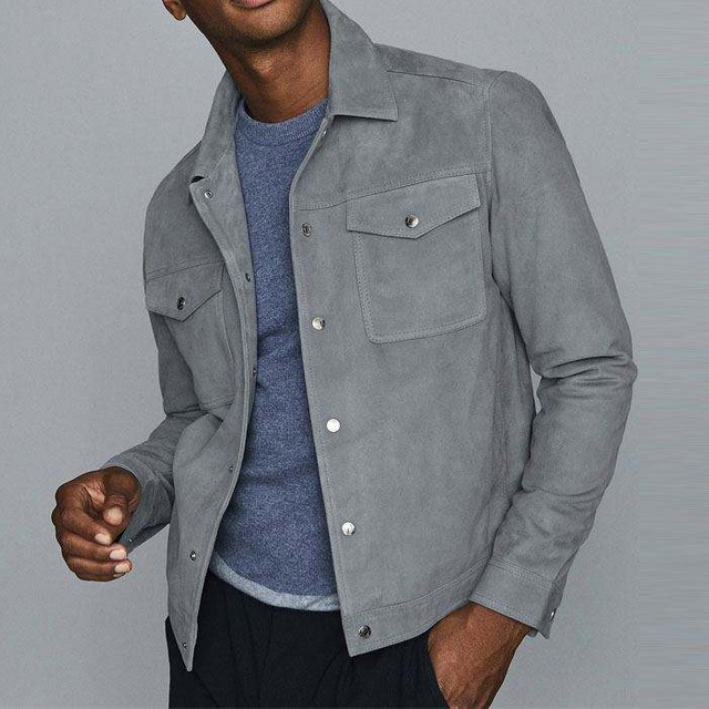 Custom Logo Design Street Western Jacket Down Collar Soft Blue 100% Suede Mens Jackets