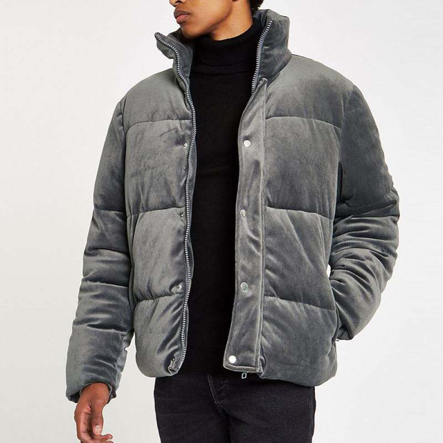 Winter 2018 Mens Clothes Grey Velvet Funnel Neck Puffer Jacket