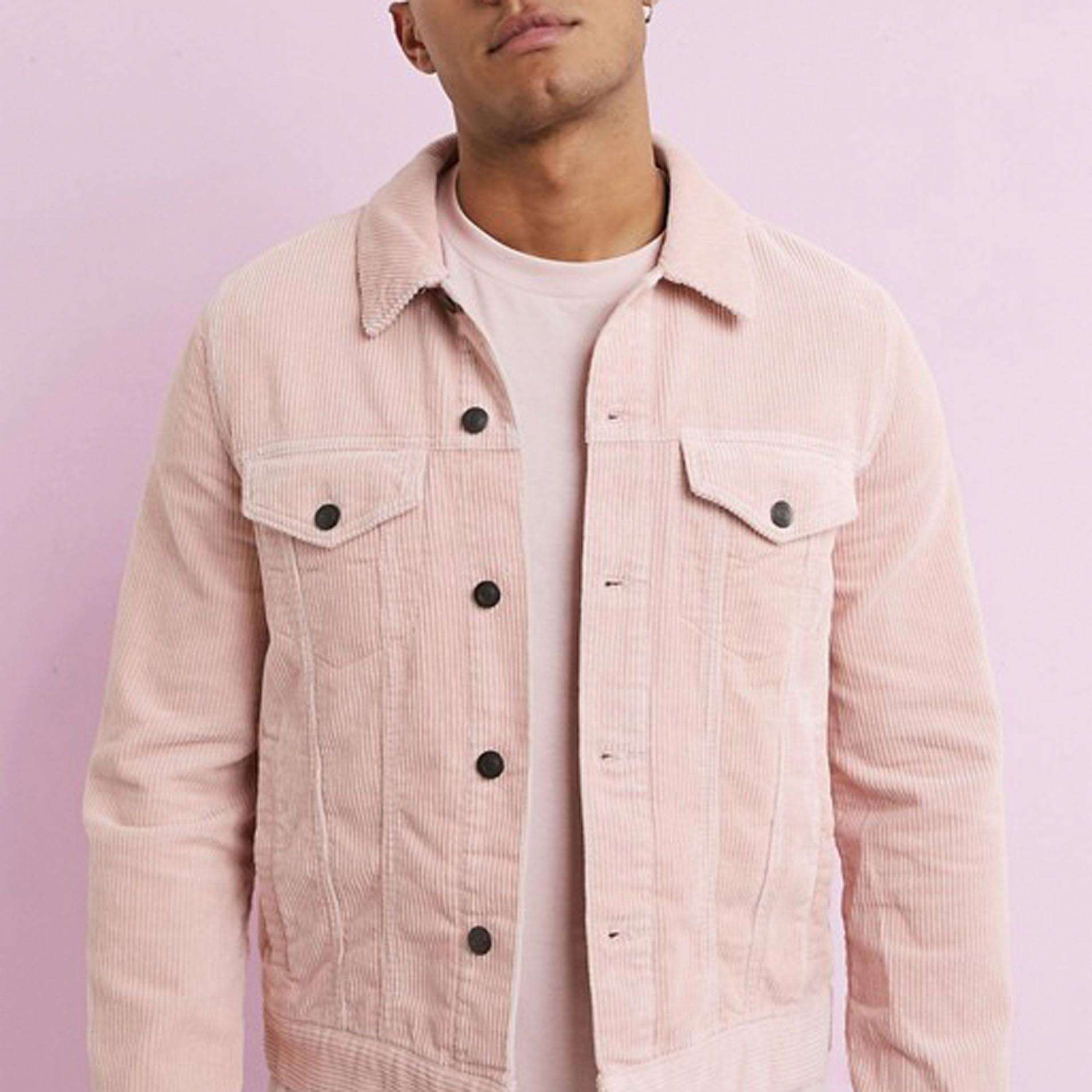 Mens Cord Western Jacket Mid Weight Regular Fit Plain Pink Corduroy Jacket