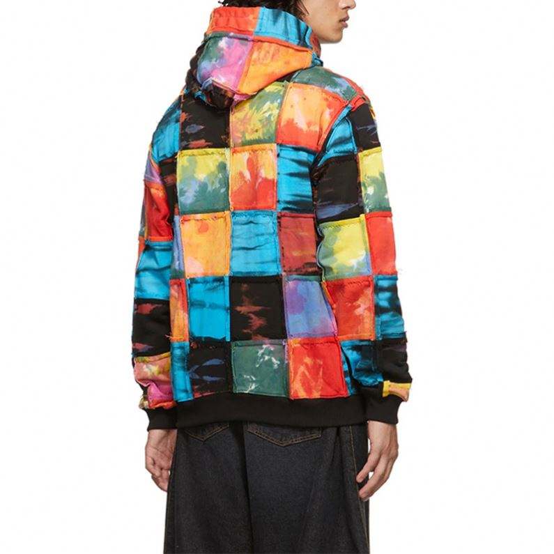 OEM Manufacturer Custom Men's Coats Terry Fabric Drawstring Hooded Patch Design Multicolor Patchwork Long Sleeve Hoodies