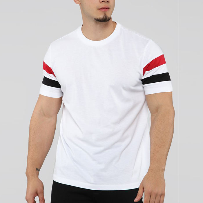 Custom Printing Striped Sleeve T Shirts Men Sleeve Round Neck White T-Shirt In Bulk