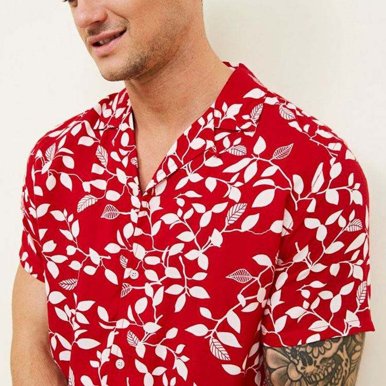 OEM Manufacturer Casual Hawaiian Red Leaf Print Short Sleeve Men Shirt