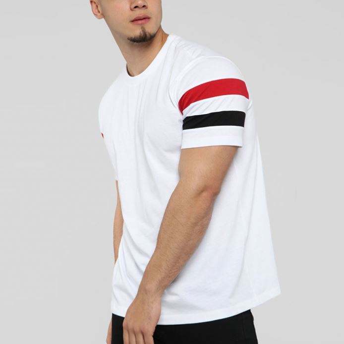 Custom Printing Striped Sleeve T Shirts Men Sleeve Round Neck White T-Shirt In Bulk