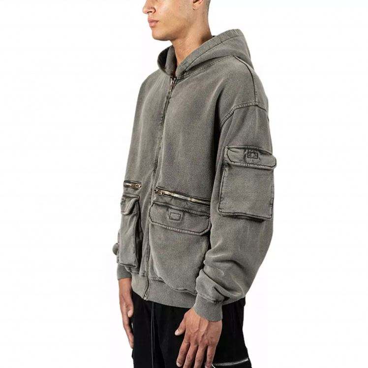 OEM Manufacturer Mens Hooded Sweatshirt 3D Pocket Heavyweight Cotton Washed Zipper Hoodie Wholesale