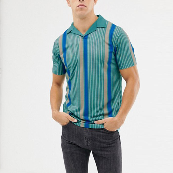 Custom Revere Polo Collar Longline с коротким рукавом Мужская рубашка поло с вертикальной полосой