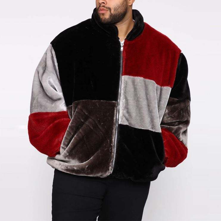 Colorblock Winter Jacket Men Long Sleeves Fur Oversized Plus Size Jacket Bomber