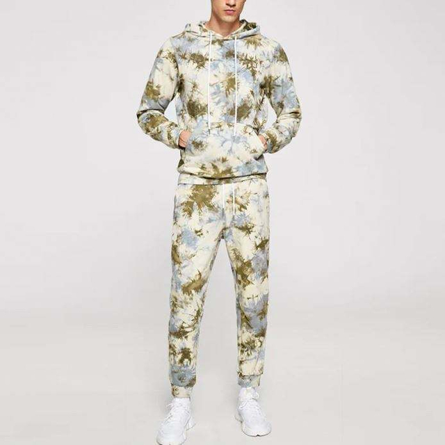 การออกแบบชุดประกอบใหม่สำหรับผู้ชายผูกย้อม Drawstring Hoodie & Sweatpants ชุด