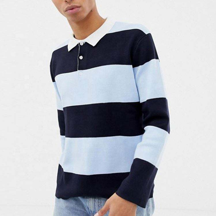 Embroidery Logo Long Sleeve Rugby Stripe Men Polo Shirt