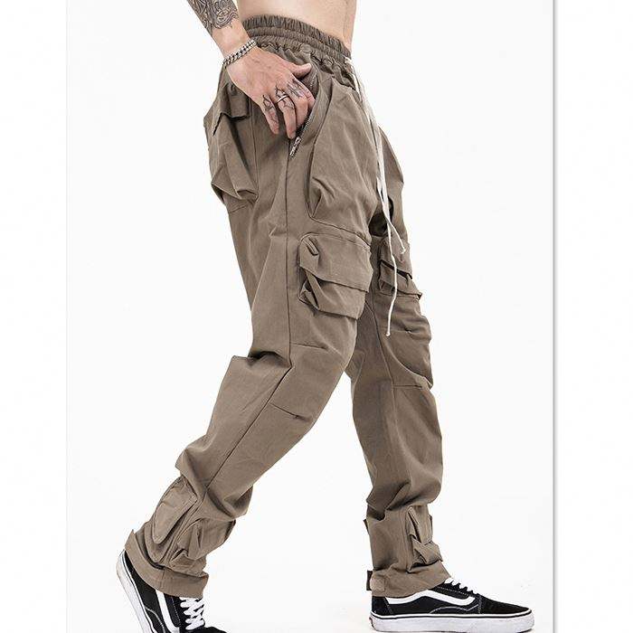 Oem Manufacturers Custom Logo Multi Pocket Cargo Pants Men Elastic Drawstring Waist Solid Color Utility Tactical Track Pants