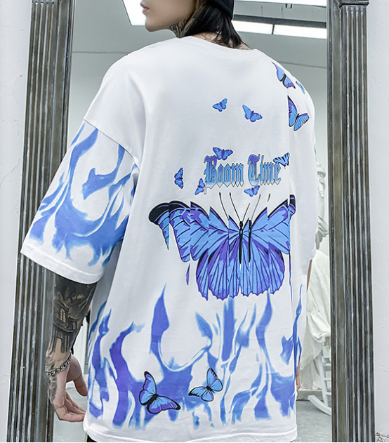 Flame Butterfly Hip Hop Streetwear T Shirt Men Summer Casual Cotton Harajuku Half Sleeve Mens Tops Oversized T Shirt