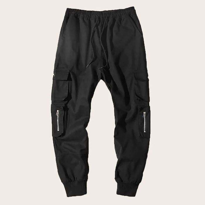 Custom Streetwear Black Zipper Drawstring Waist Mens Cargo Pants