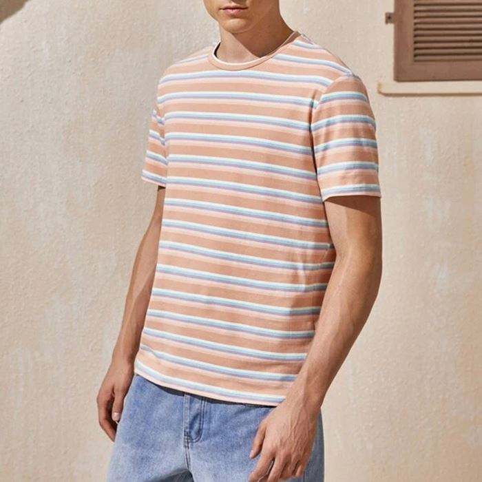 Oem Custom Logo Fashion Streetwear T Shirt Round Neck Basic Tshirt Men Striped Short Sleeve T Shirt